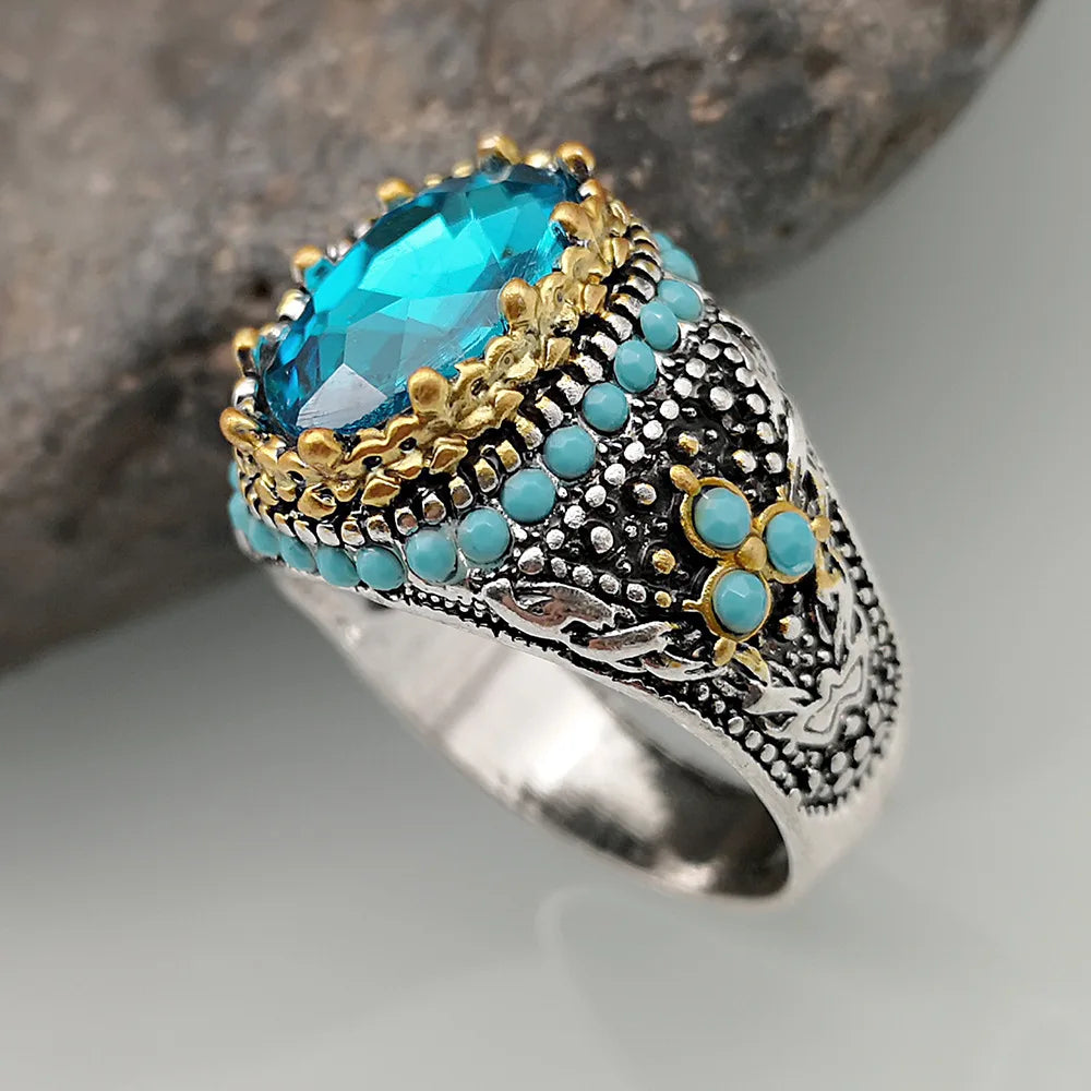 Retro Handmade Turkish Ring for Men Vintage Turquoise Gem Rings Punk 2022 Men's Fashion Jewelry Gifts Qme