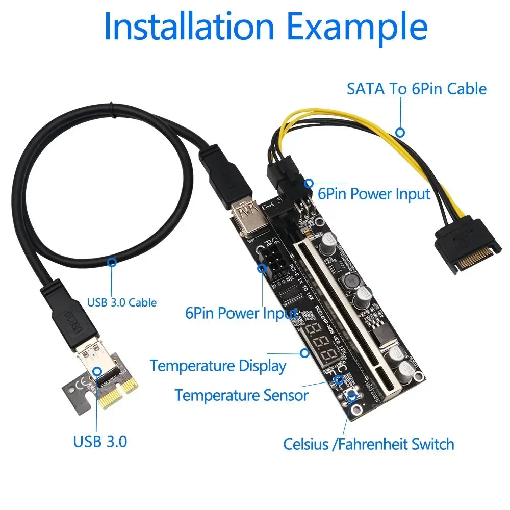 009S PLUS 12X VER Graphics Card Extension Cable with Temperature Digital Display Dual 6PIN Qme
