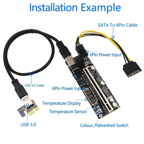 009S PLUS 12X VER Graphics Card Extension Cable with Temperature Digital Display Dual 6PIN Qme