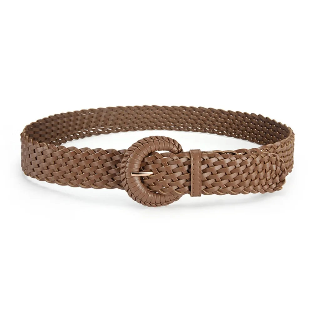 Personality Woven Weave Belt Hollow Out Round Retro Belt Wide PU Leather Bohemian Style Waistband Women Qme Brown 70cm