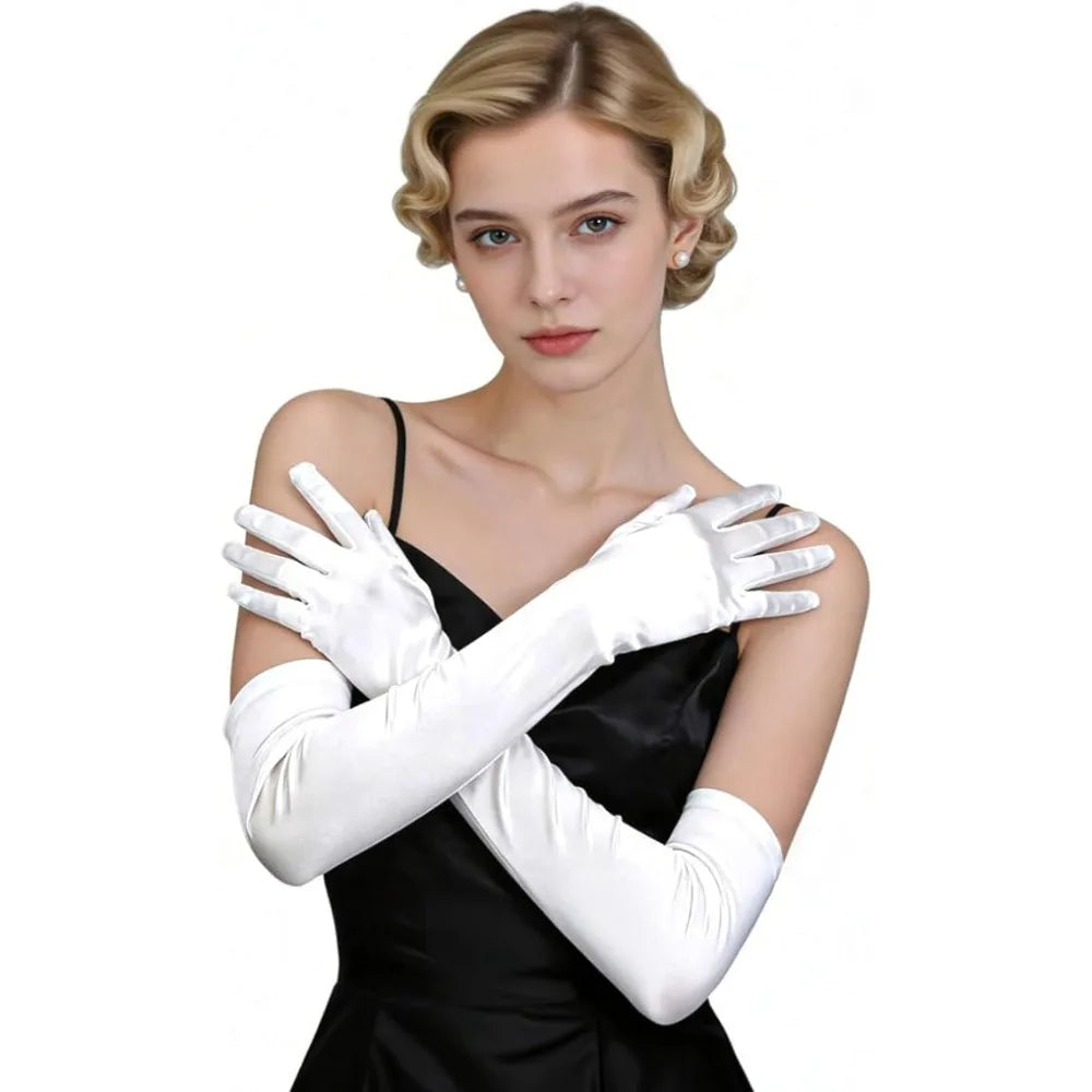 1 Pair Women Long Gloves with Satin, White Opera Glove, for Wedding 1920s Opera Tea Party Costumes Bridal Evening Dress Up Qme 1pair