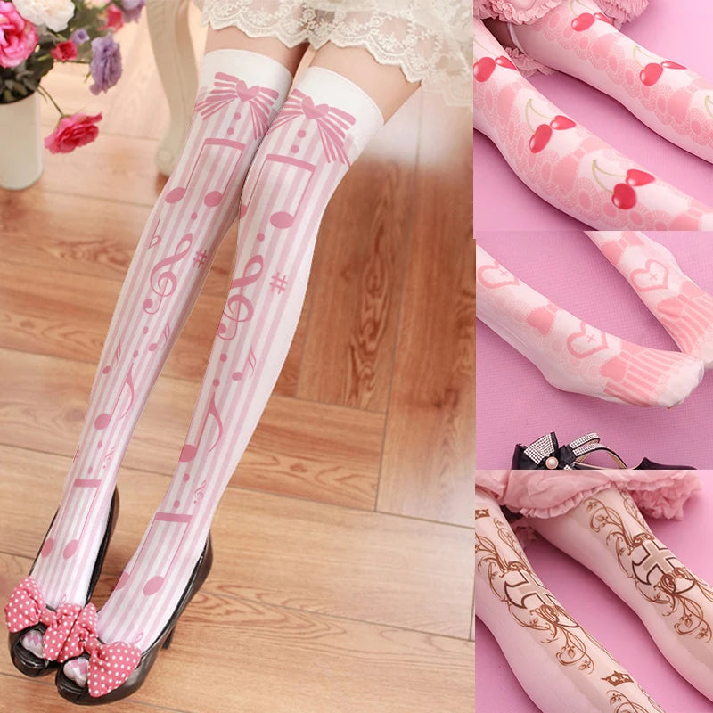 Cute Pink Princess Lolita Over Knee Stockings Love Bow Printed Girl Qme