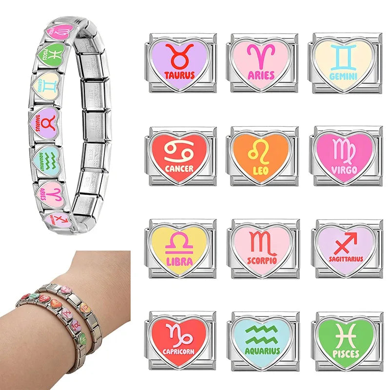 New2026 Unique Inlay Heart Constellation Theme Italian Charm Link Fit 9MM Bracelet Stainless Steel Women Men DIY Making Gifts Qme