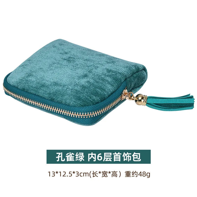 Tassel Jewelry Organizer Bag Portable Travel Case with Metal Zipper for Bracelets Jade Bangles Necklaces Rings Storage Pouch Qme Peacock Green