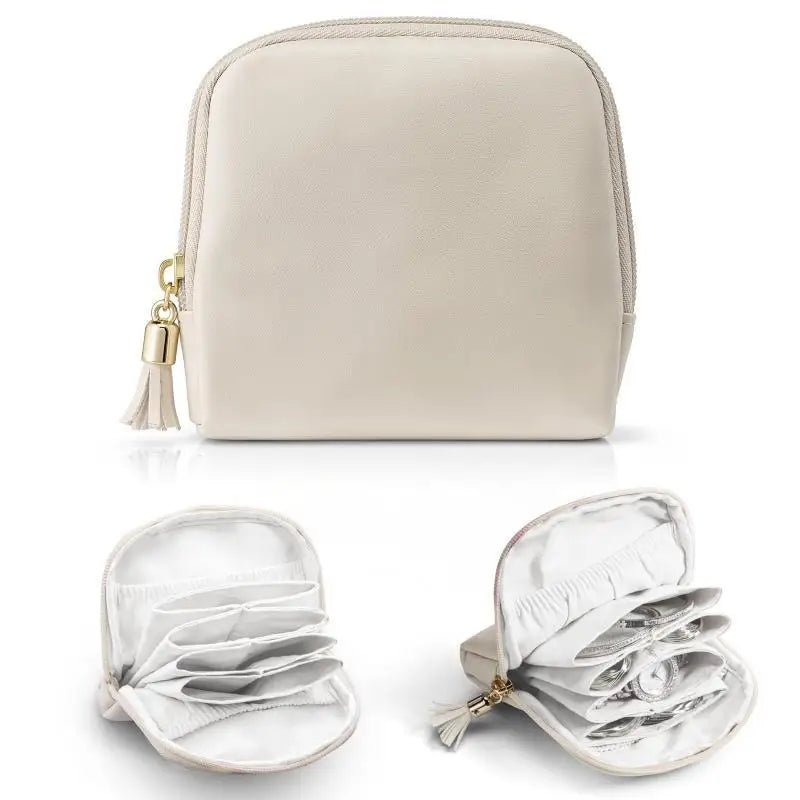 Tassel PU Leather Jewelry Storage Bag Earrings Bracelet Organizer Large Capacity Mini Cosmetic Gift Bag Qme Beige one size