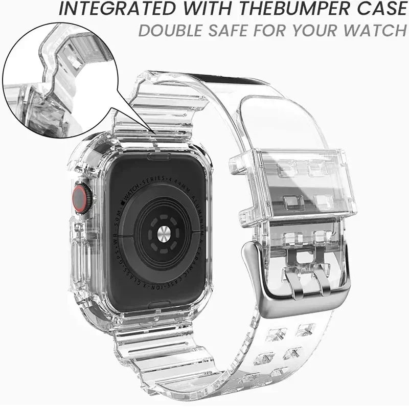 Clear Band + Case for Apple Watch Series 9 8 7 6 SE 5 49mm 45mm 44mm 42mm 41mm Transparent for iwatch 3 38mm 40mm Plastic Strap Qme