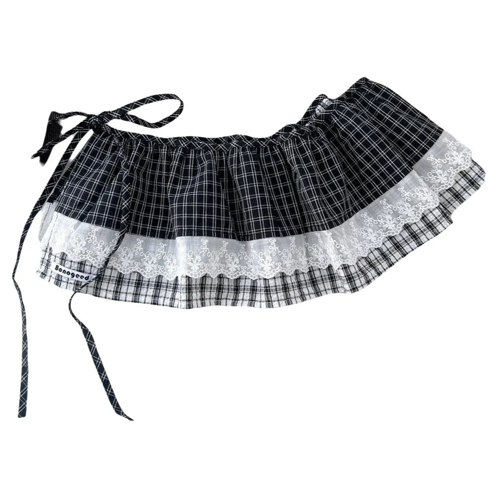 Sweet Balletcore Plaid Fart Curtain Korean Lace Up Mini Skirts Qme Style K