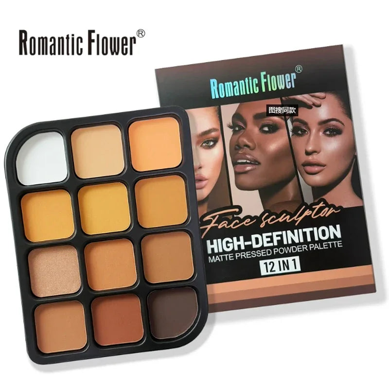 Deep Skin 12-Color Matte Contour Palette - Full Coverage All-In-One Highlighter Shading & Powder Face Makeup Kit Qme