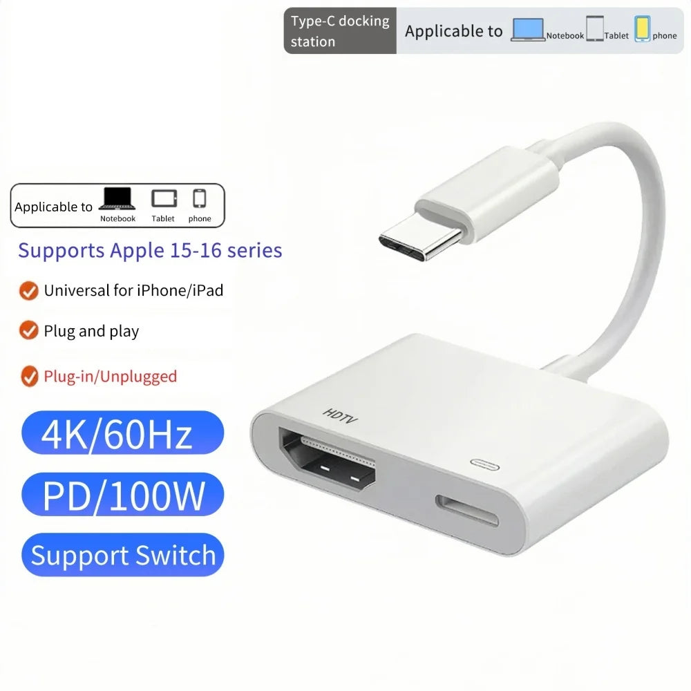 USB C/Type-C to HDMI+USB C/Type-C Digital AV Adapter 4K Video Audio 60Hz 30Hz Converter For iPhone to HD TV Projector Monitors Qme