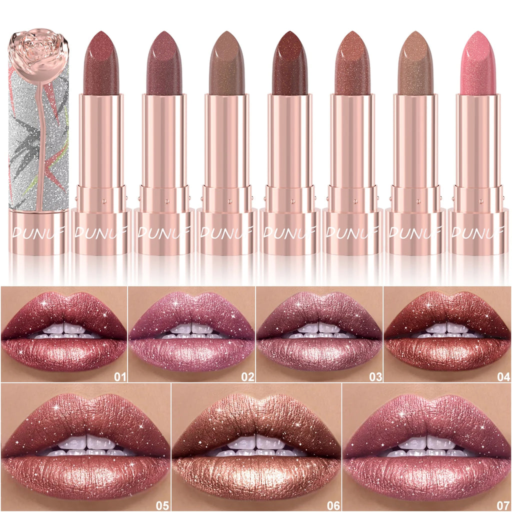 Rose Floral Diamond Lipstick Pearlescent Shimmer 3D Metallic Matte Smooth Creamy Sparkling Lipstick For Daily Party Makeup Qme