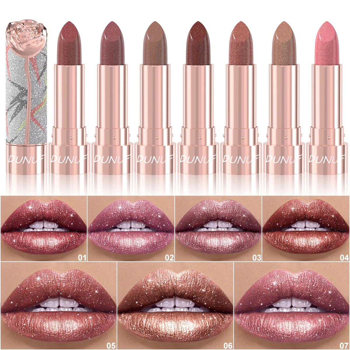 Rose Floral Diamond Lipstick Pearlescent Shimmer 3D Metallic Matte Smooth Creamy Sparkling Lipstick For Daily Party Makeup Qme