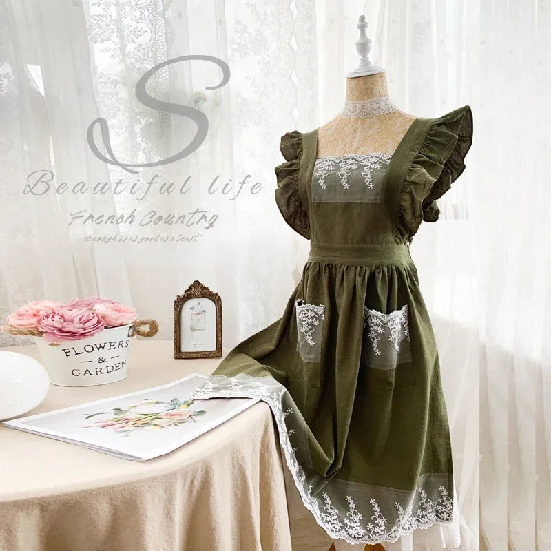 Female Women Apron Cotton Linen Aprons Dress Garden Cafe Kitchen Cooking Florist Palace Style Vintage Fashion Dress Aproning Qme Dark Green
