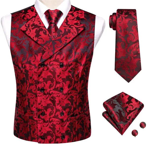 Formal Men V-neck Waistcoat 4-in- Vest Tie Pocket Square Cufflinks Qme