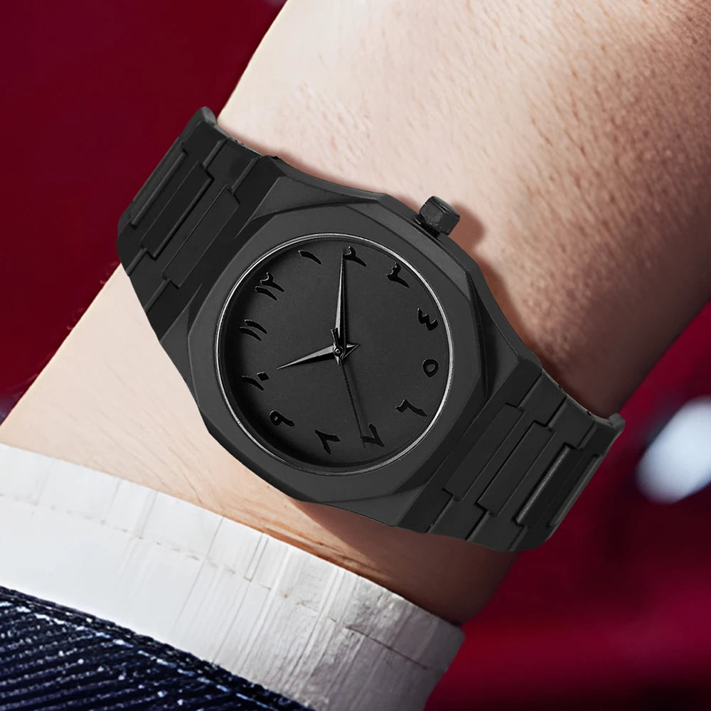 Matte black octagonal Arabic numerals men's watch Cuban bracelet bullet pendant ring four piece set, not including gift box Qme