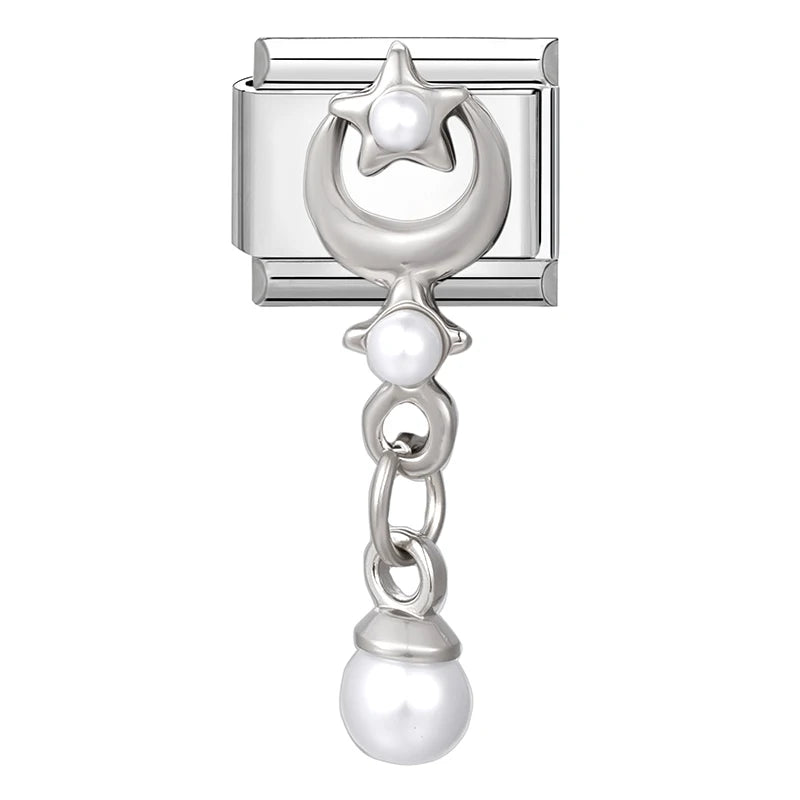 Y2k Italian Charm Silver Color Bracelet Series Blue Stars Zircon Bowknot Pearl Heart Hand Making DIY Chain Shiny Pendant Jewelry Qme Style 24
