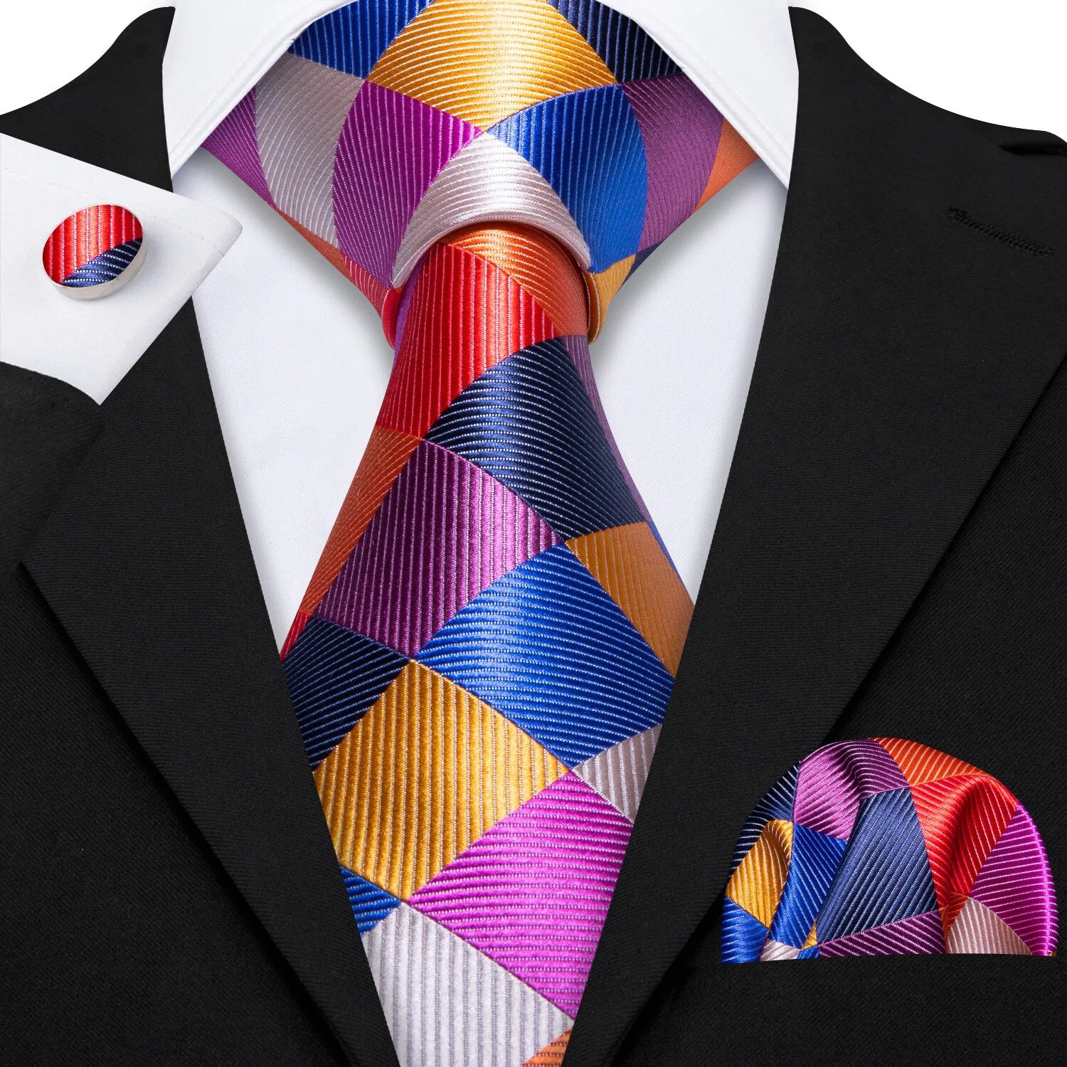 Men Fashion Mixed Color Necktie Set Including Pocket Square & Cufflinks Daily Banquet Wear Qme HT-LDSN0216