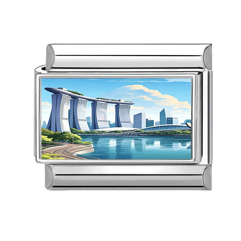 Fashion Colored Color Charm Ferris Wheel Lake City Scenery Italian Link Fit 9mm Stainless Steel Bracelet Jewelry Making DIY Gift Qme Style 6