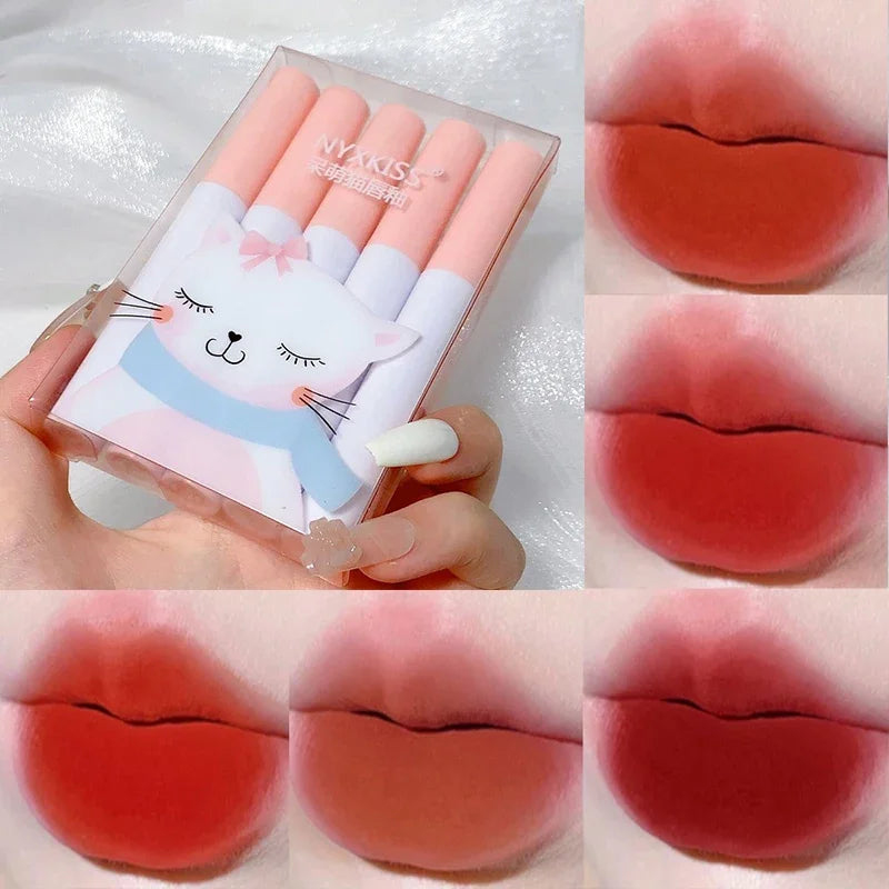 5Pcs Cigarette Lip Gloss Set Matte Red Tint for Lips Makeup Long Lasting Water Mirror Lip Glaze Waterproof Lipstick Kit Cosmetic Qme