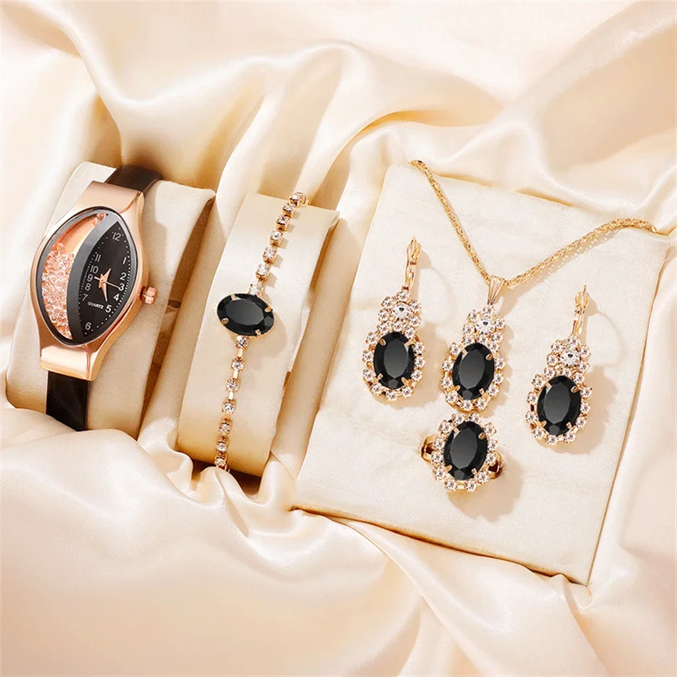 Ladies' Watch&Crystal, Quartz Watch, Watch, Luxury Brand, Design, Simple, Ladies', Women's Fashion, 6-piece Set Qme black suit
