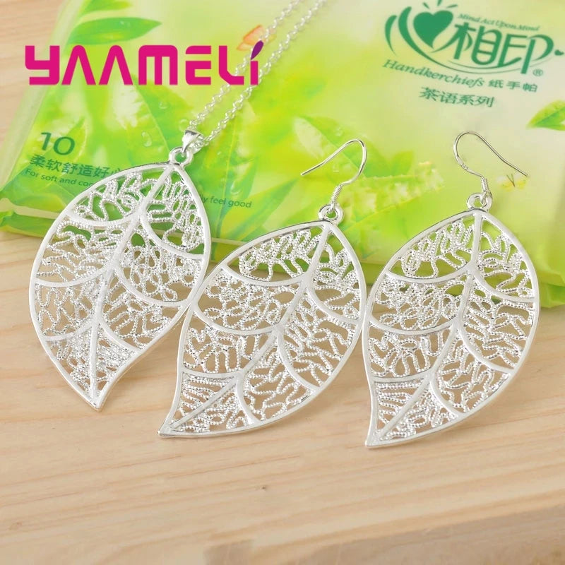 Genuine 925 Sterling Silver Color Jewelry Sets Earring Hook Leaf Pendant Necklaces+18" Singapore Chain for Women Girls Qme