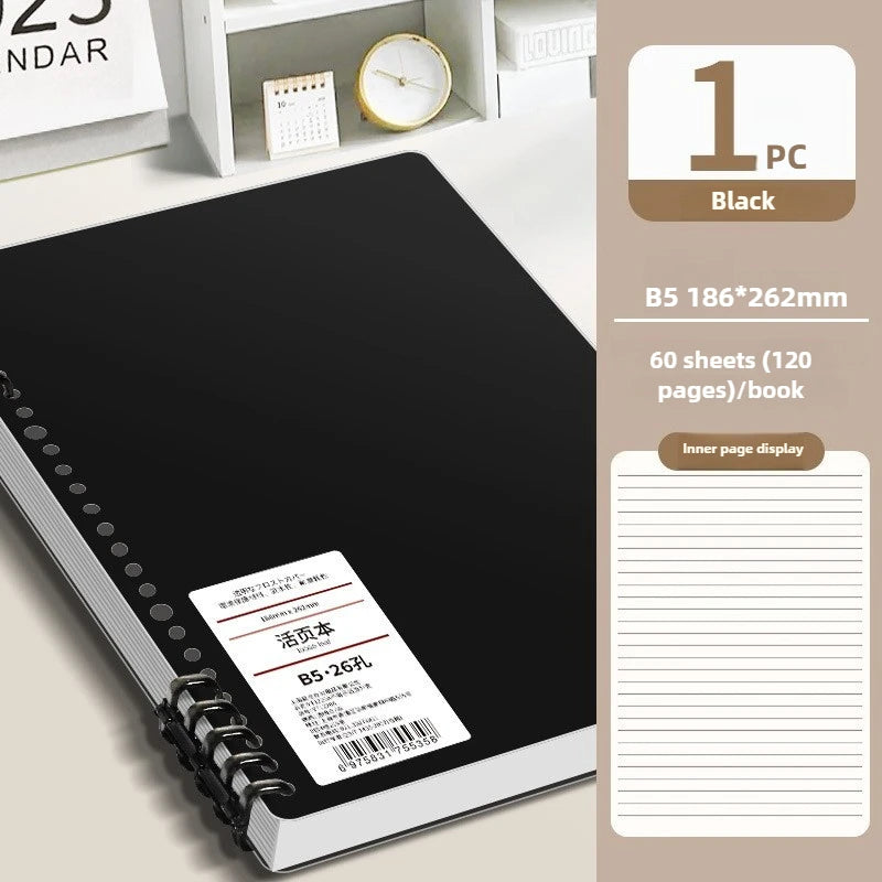60 Sheets B5 Vintage Aesthetic Spiral Loose Leaf Notebook Planner Diary for Student Office School Writing Stationery Supplies Qme B5-Black