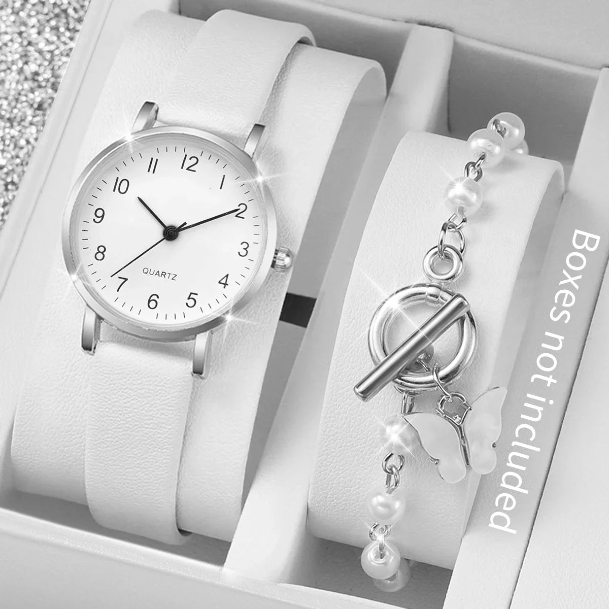 Leather Bracelet Watch with Arabic Dial for Women, Quartz Watches, Pearls, Boxed Butterfly Bracelet, Fashion, 2 Pieces Per Set Qme Silver