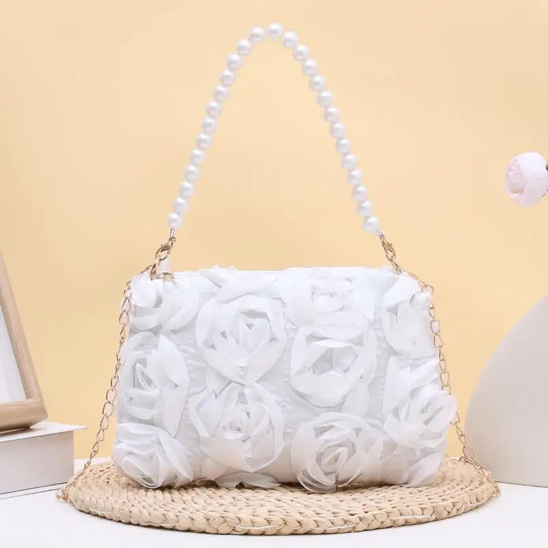 Ladies 3D Rose Floral Shoulder Bag With Pearl Handle Detachable Chain Perfect For Wedding Party Evening Date Qme A1
