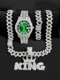 Men's Bling Jewelry Set: Gold Iced Out Watch + Cuban Link Chain + Bracelet + "KING" Crown Pendant Necklace, 3Pcs Hip Hop Set Qme Ivory