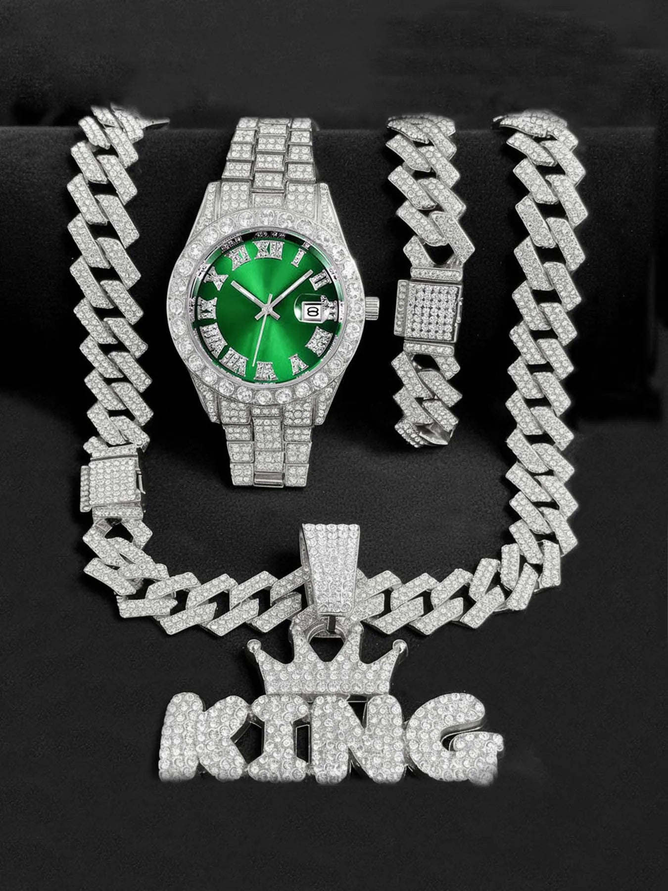 Men's Bling Jewelry Set: Gold Iced Out Watch + Cuban Link Chain + Bracelet + "KING" Crown Pendant Necklace, 3Pcs Hip Hop Set Qme Ivory
