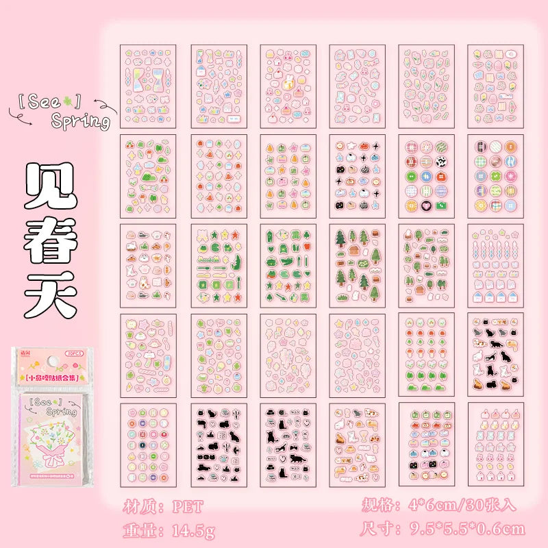 30 Sheets/Book Mini Cute Nail Stickers for DIY Scrapbooking Journal Phone Case Laptop Decoration Nail Art Water Decals Qme See spring