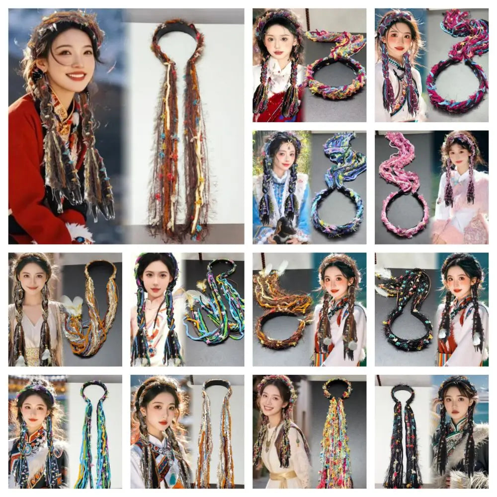 Boho Style Chinese Tibetan Hairband Colorful Ribbon Long Tassel Braid Hairband Candy Colored Weaving Ethnic Hair Hoop Qme