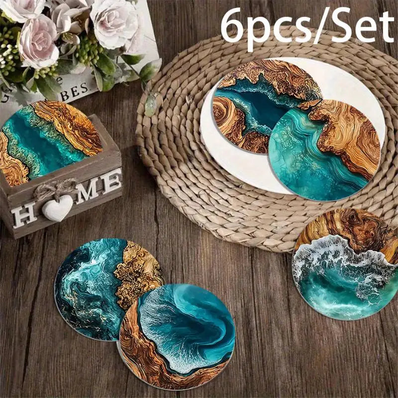 Coffee Tea Mugs Beach Theme Home Decor Ocean Wave Wood Grain Coasters Qme