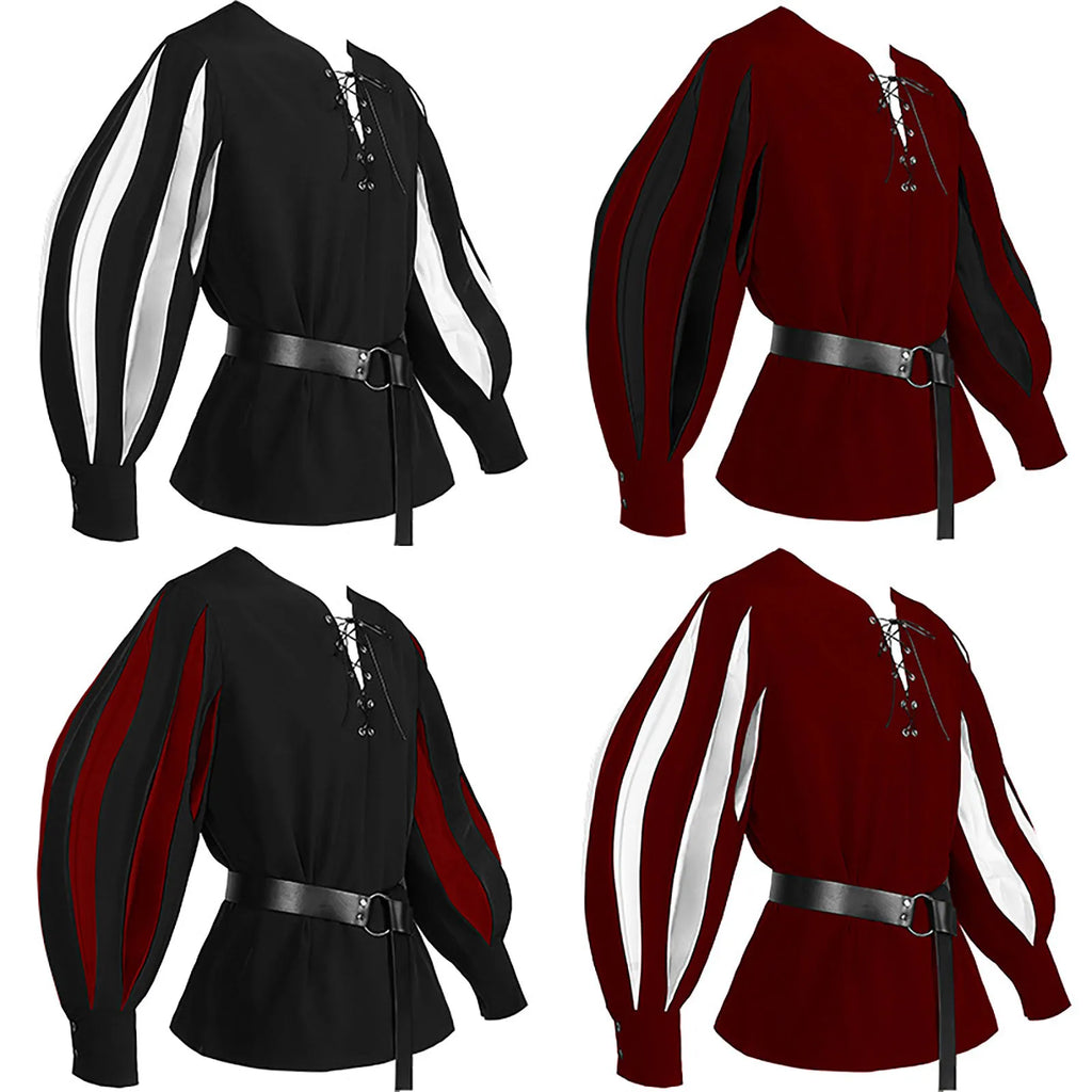Men's Gothic Dark Contrast Lace Up Top Casual Vintage Medieval Renaissance Loose Soft Clothes Long Sleeve Shirt With Waistband Qme