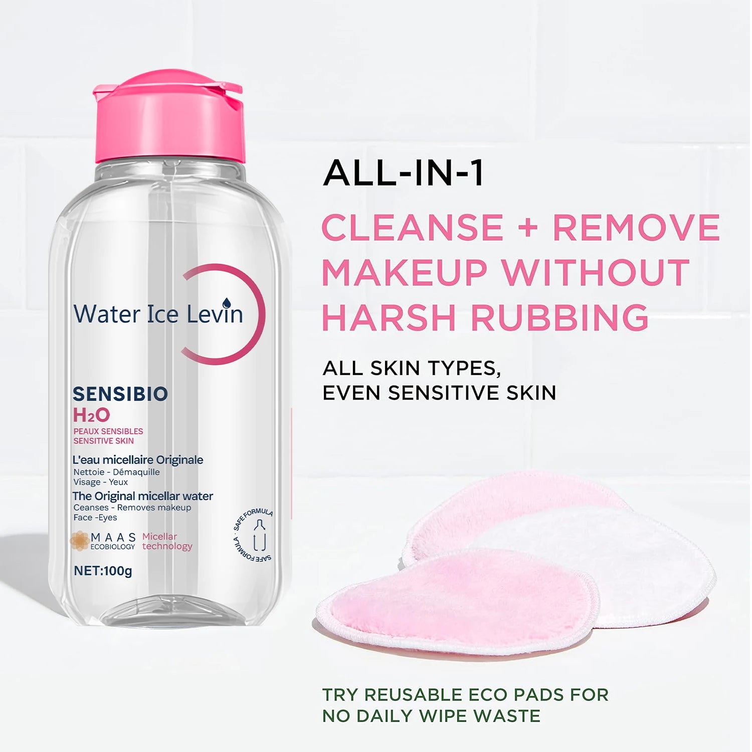Sensibio H2O The Original Micellar Water for Sensitive Skin，Gently Cleanses, Removes Makeup，Hydrates，with Lactic Acid, Collagen Qme