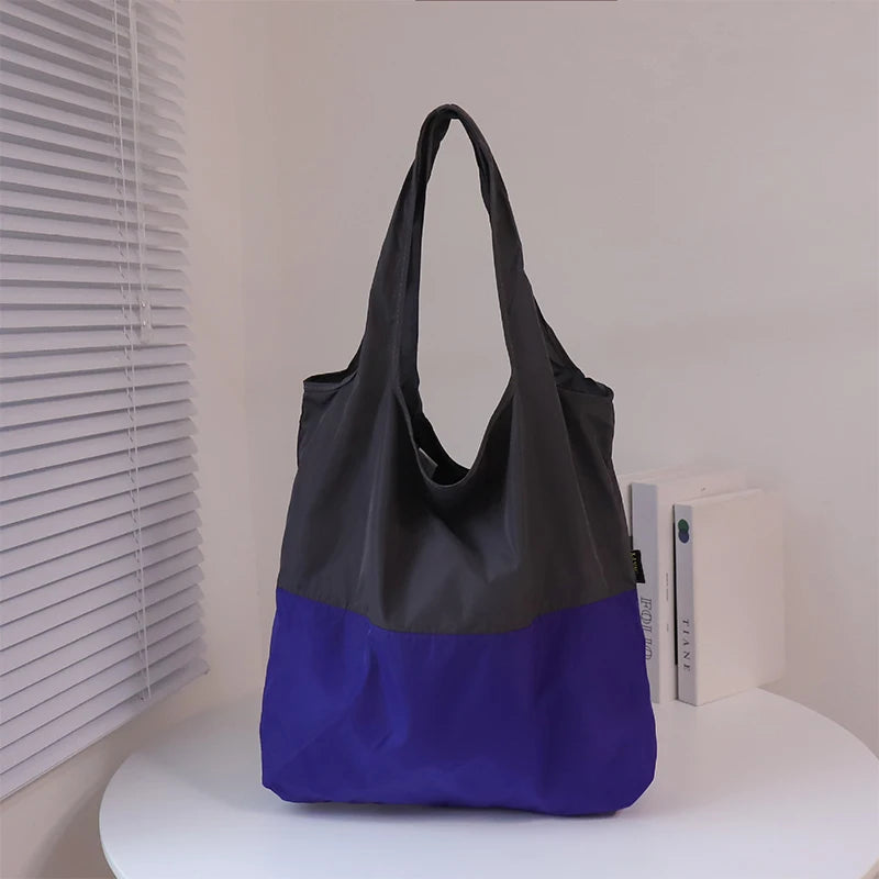 Color-block Patchwork Foldable Shopping Bag Eco-friendly Large Capacity Portable Waterproof Shoulder Bag Qme Gray one size