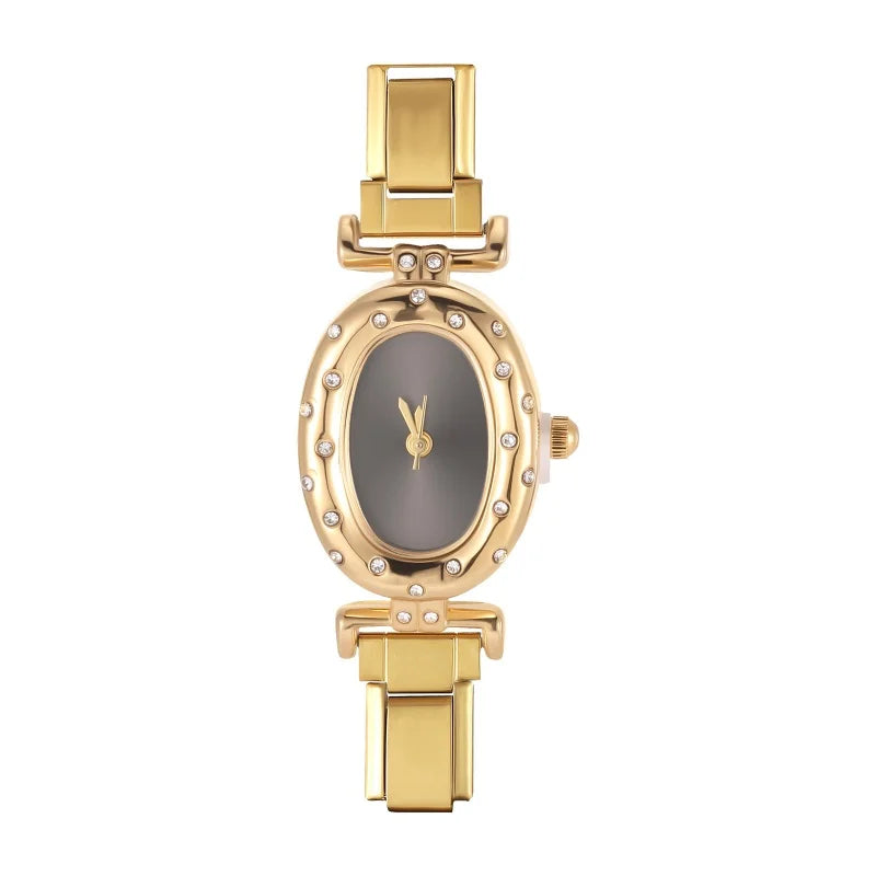 2025New Vintage High Quality Oval Inlaid Zircon Stainless Steel Watch Bracelet Women's 9MM DIY Italian Charm Bangle Jewelry Gift Qme Style 19