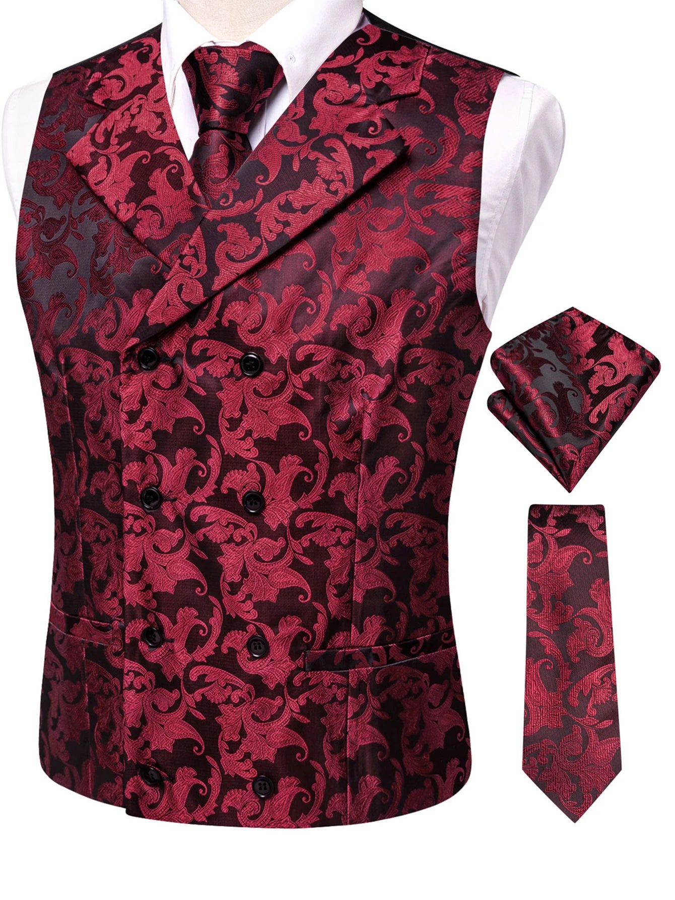 Men's Formal Paisley Jacquard Vest Set – Classic Waistcoat with Matching Tie Hankerchief Cufflinks Ideal for Banquets Qme HT-MJ-0095 XXXL
