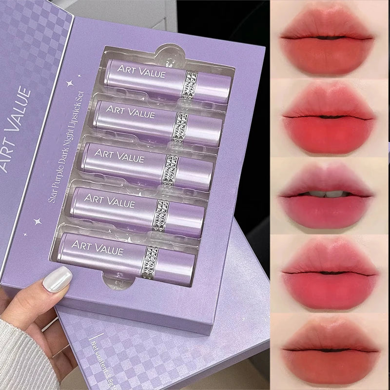 5 Colors Purple Bar Tube Black Lipstick Easy Coloring Matte Velvet Qme