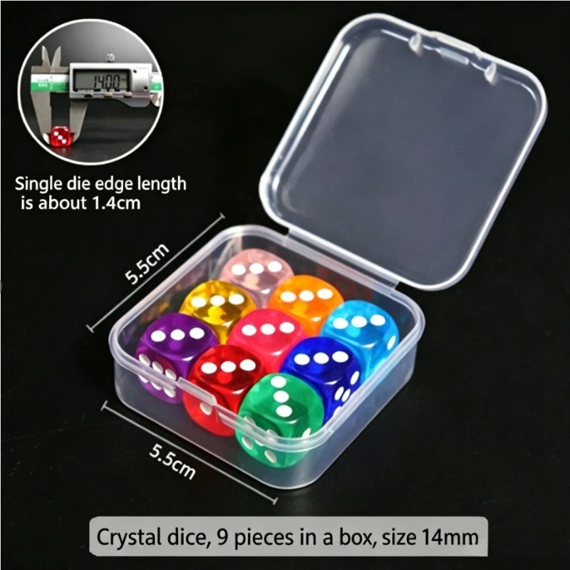 Boxed 9 pieces, 14mm in size, transparent boxed dice, throwing dice, sieve for dice Qme 9pcs a box