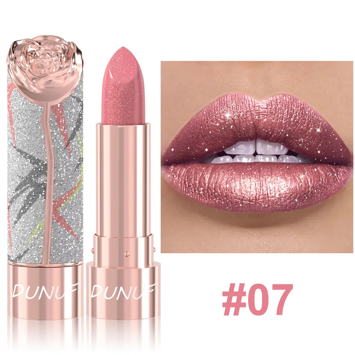Rose Floral Diamond Lipstick Pearlescent Shimmer 3D Metallic Matte Smooth Creamy Sparkling Lipstick For Daily Party Makeup Qme 07