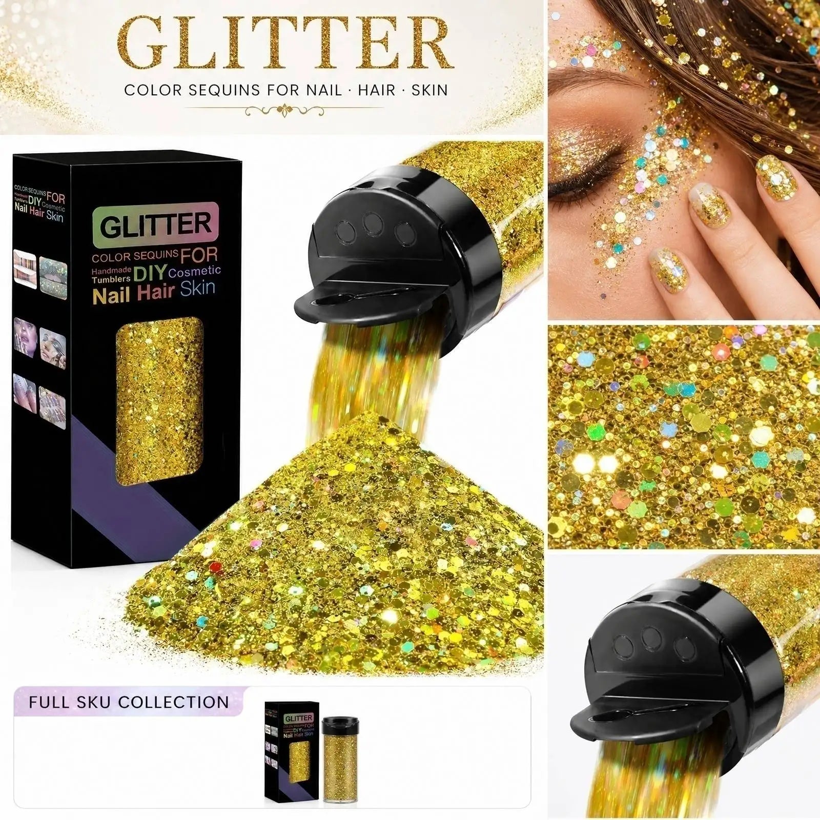 PET Flakes Mixed with Fine Gold Foil Glitter Body Face Eyes Nails DIY Makeup Supplies Halloween Christmas Party Decor Props Qme Gold One Size