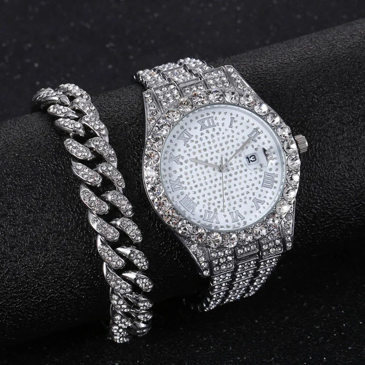 2pcs/set Rhinestone Large Dial Steel Strap Quartz Zinc Alloy Watch And Cuban Link Style Bracelet Set(1 Watch+1 Bracelet) Qme