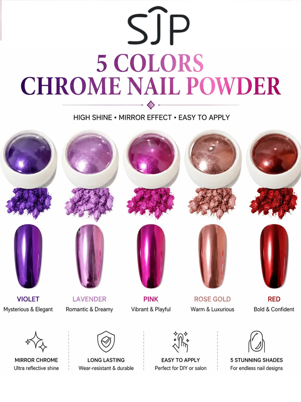 5 Enchanting Purple Series Chrome Nail Powder Mirror Effect Metallic Qme