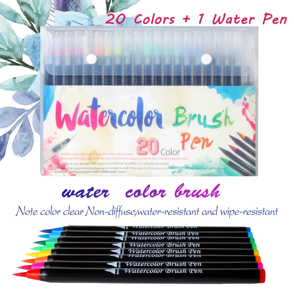 12-72 Colors Watercolor Brush Pens Soft Tip Art Markers for Drawing Coloring Manga Calligraphy School Stationery Supplies Qme 20Color-1Water Pen