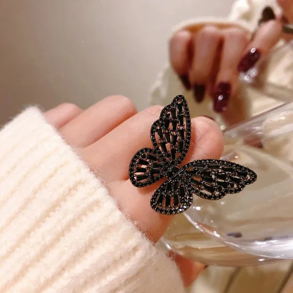 Luxury Sliver Color Zircon Multi Butterfly Open Ring for Women Exaggerated Personality Adjustable Finger Ring Cocktail Jewelry Qme black resizable