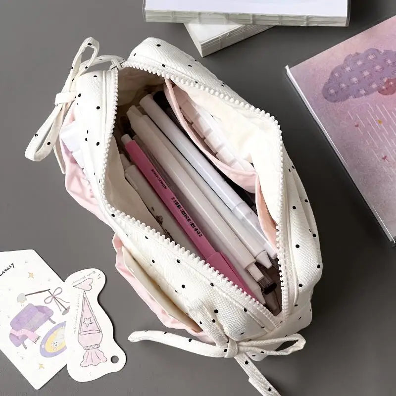 Cute Polka Dot Bow Pencil Case White Pink Accessories Large Capacity Qme