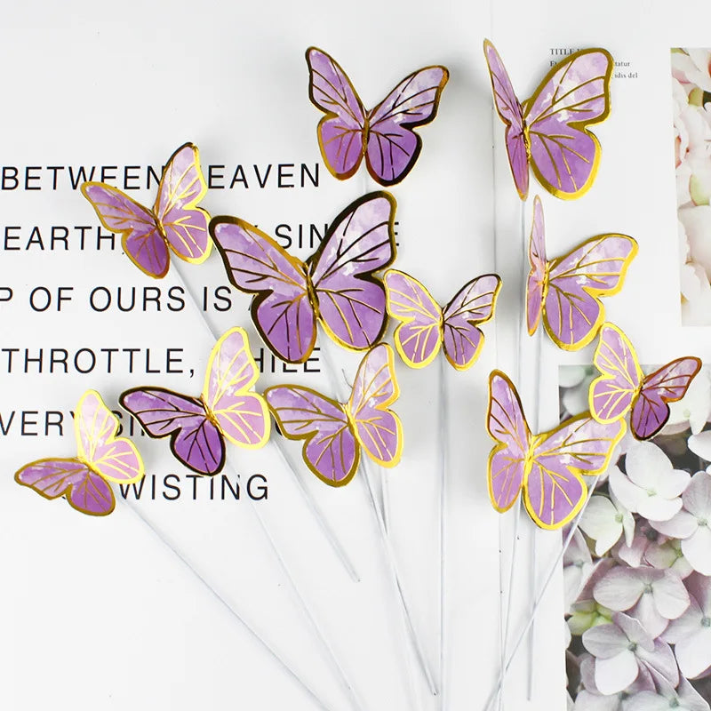 10Pcs/Set Butterfly Cake Toppers Painted Butterfly Birthday Cakes Wedding Party Baking Supplies Fairy Decoration Plug-in Card. Qme Purple