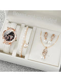 4Pcs Watch Jewelry Set Rhinestone Heart Dial Leather Quartz Watch Pearl Necklace Earrings Bracelet Gift Setwatch Qme WHITE No