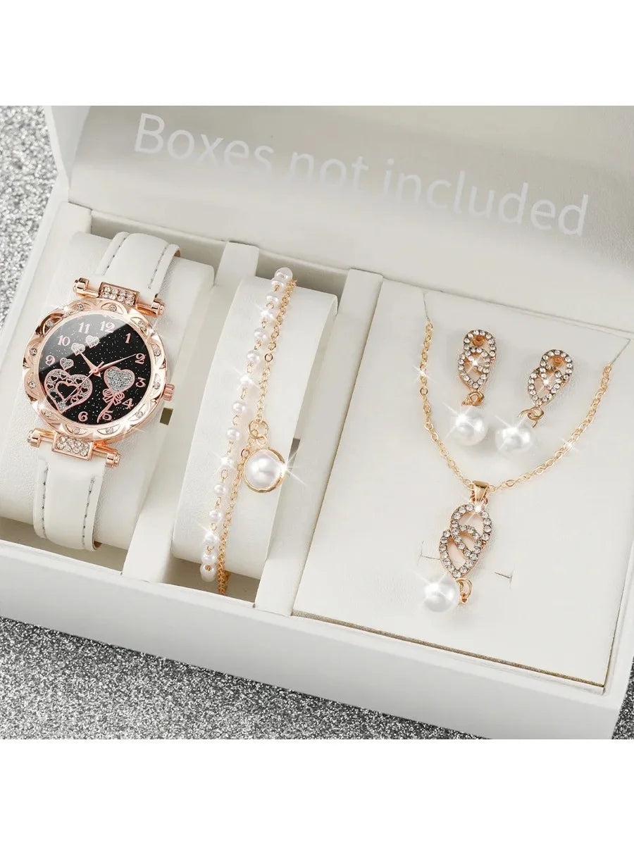 4Pcs Watch Jewelry Set Rhinestone Heart Dial Leather Quartz Watch Pearl Necklace Earrings Bracelet Gift Setwatch Qme WHITE No
