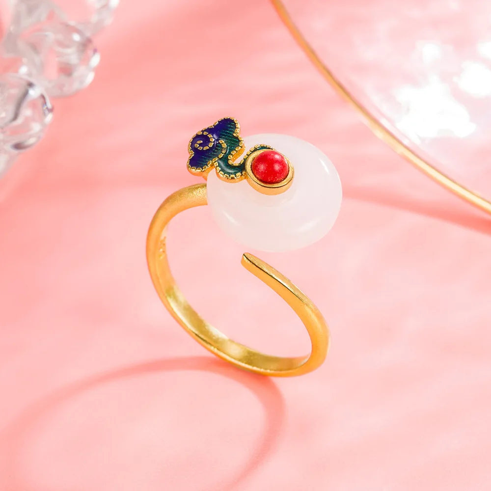 Fashion Hotan Jade Vintage Ring White Jade Beauty Lucky Ring Women's Leisure Travel Banquet Chinese Rings Jewelry Gift Qme